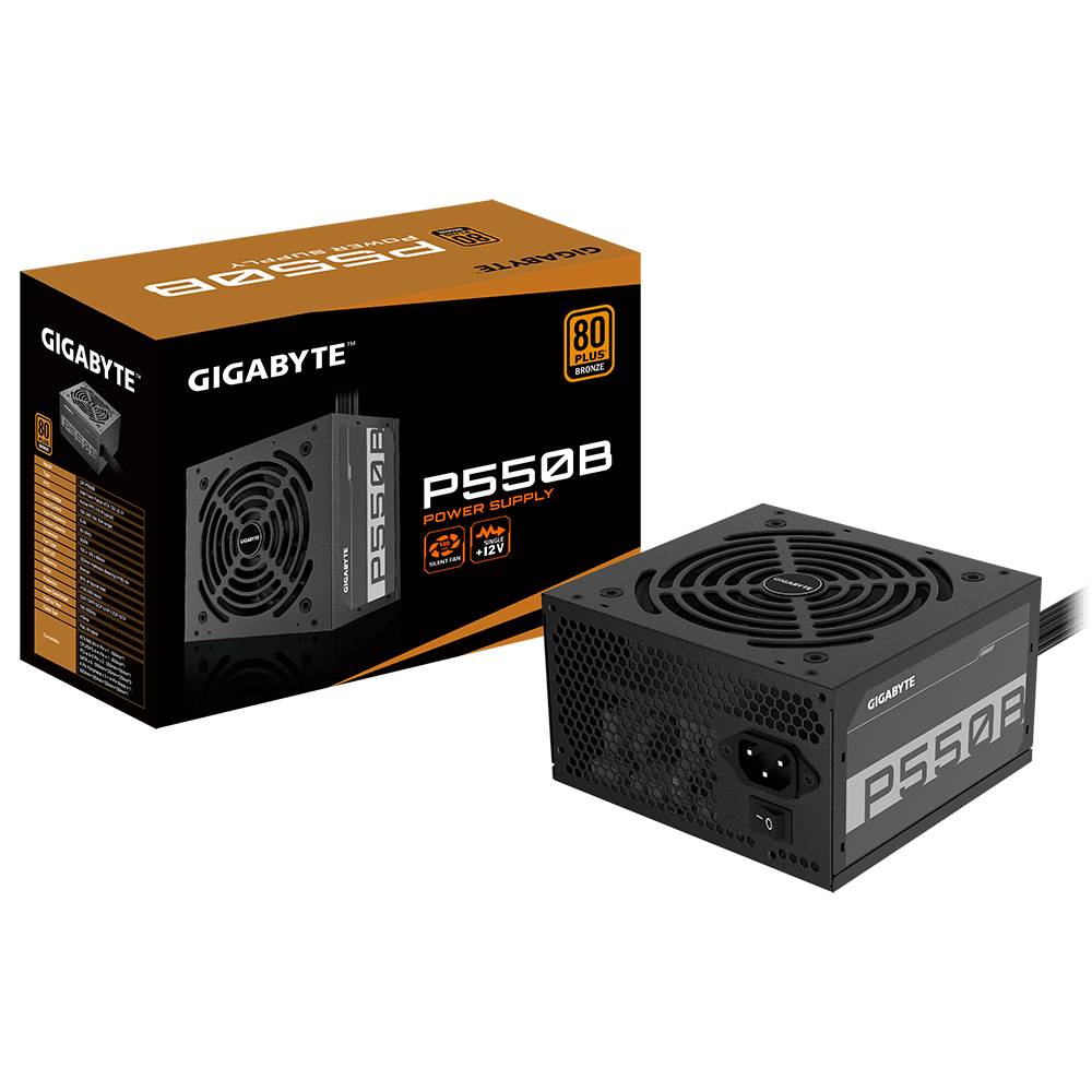 Ein schwarzes PC-Netzteil der Marke Gigabyte P550B mit 80 Plus Bronze Zertifizierung neben seiner Verpackung abgebildet.