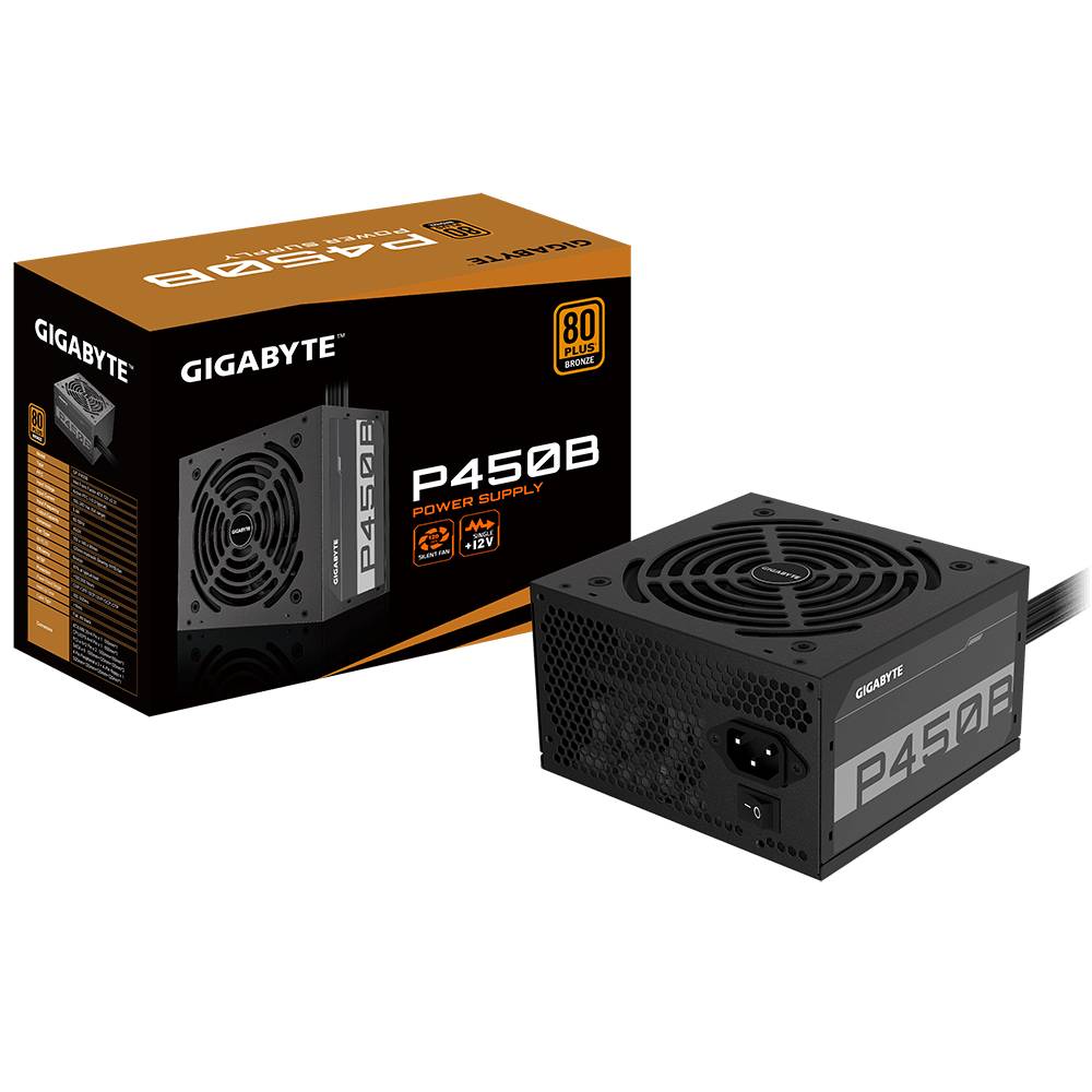 'Gigabyte P450B 450W Netzteil mit 80 Plus Bronze Zertifizierung' in schwarzem Design neben passender Verpackung abgebildet.