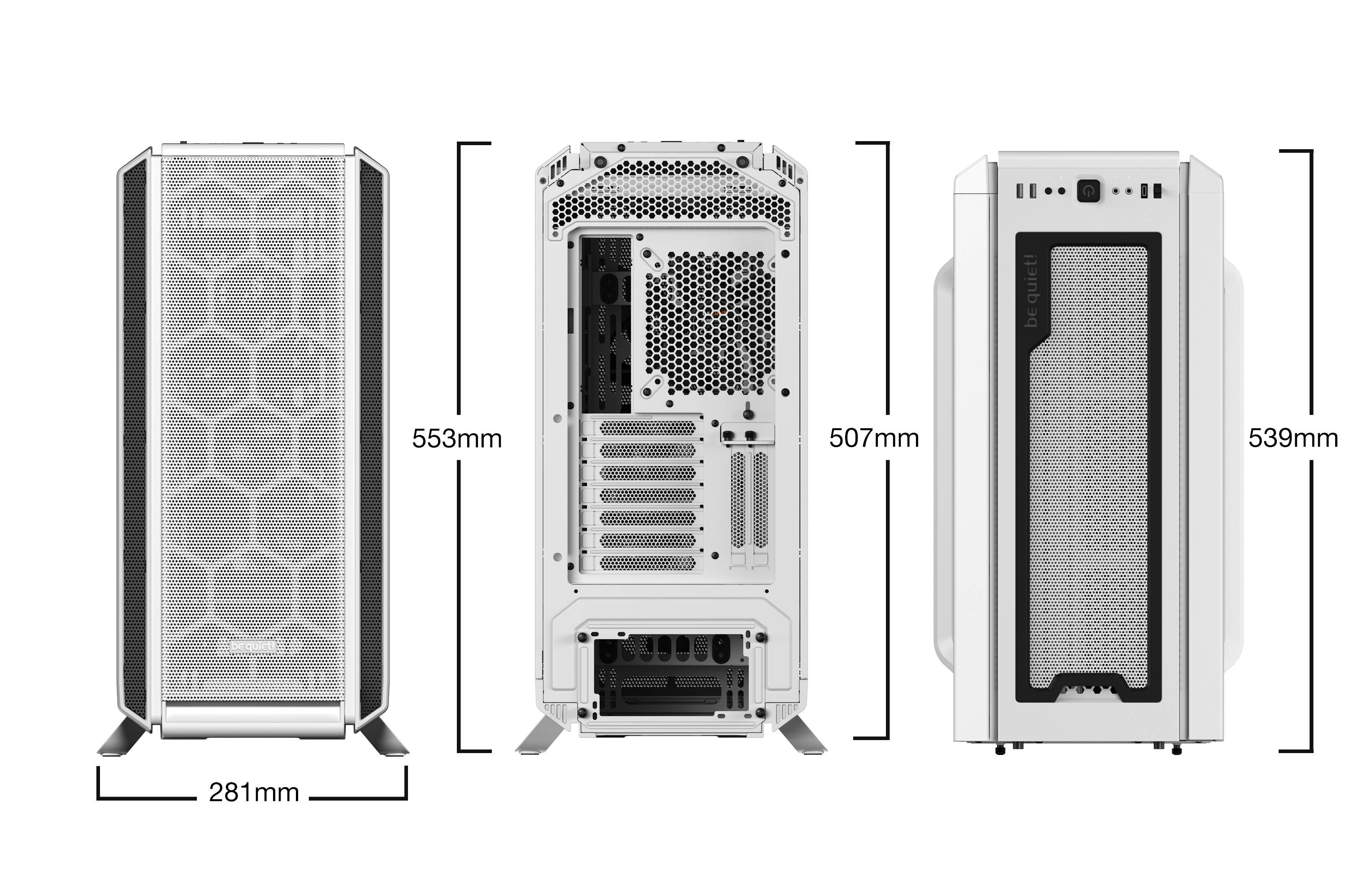 Drei Ansichten eines weißen Computergehäuses mit Maßen: Breite 281 mm, Höhe 553 mm (Vorderansicht), 507 mm (Rückansicht) und 539 mm (Seitenansicht).
