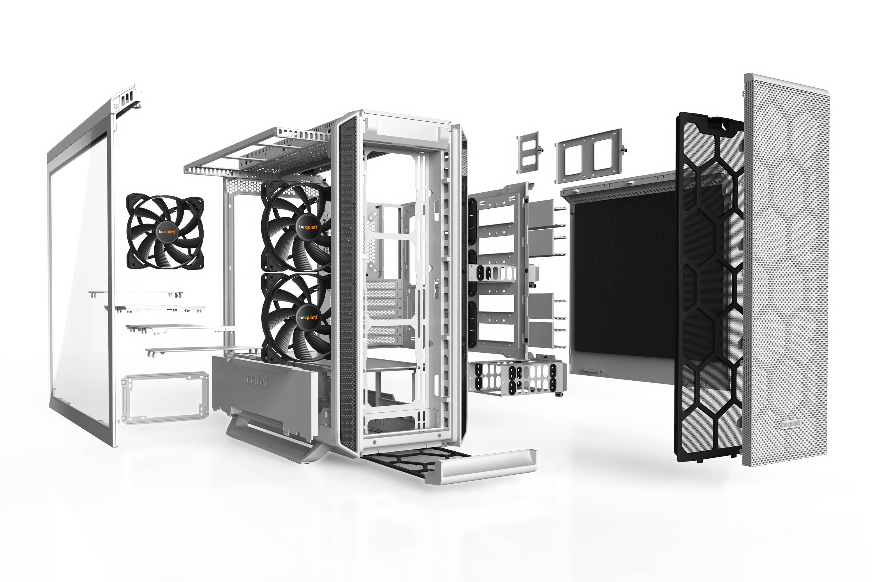 Ein zerlegtes Computergehäuse mit abnehmbaren Seitenteilen, Lüftern und Rahmenkomponenten. Hauptmerkmale des Gehäuses sind sichtbar.