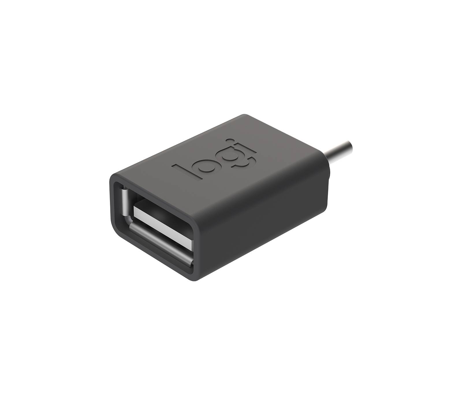 'Logi' USB-Adapter, schwarz, rechteckig mit abgerundeten Ecken, zeigt USB-Anschluss und schmalen Stecker auf der Oberseite.
