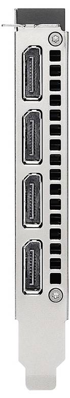 Grafikkarte mit vier DisplayPort-Anschlüssen in vertikaler Ausrichtung, umgeben von einem belüfteten Metallhalterung.