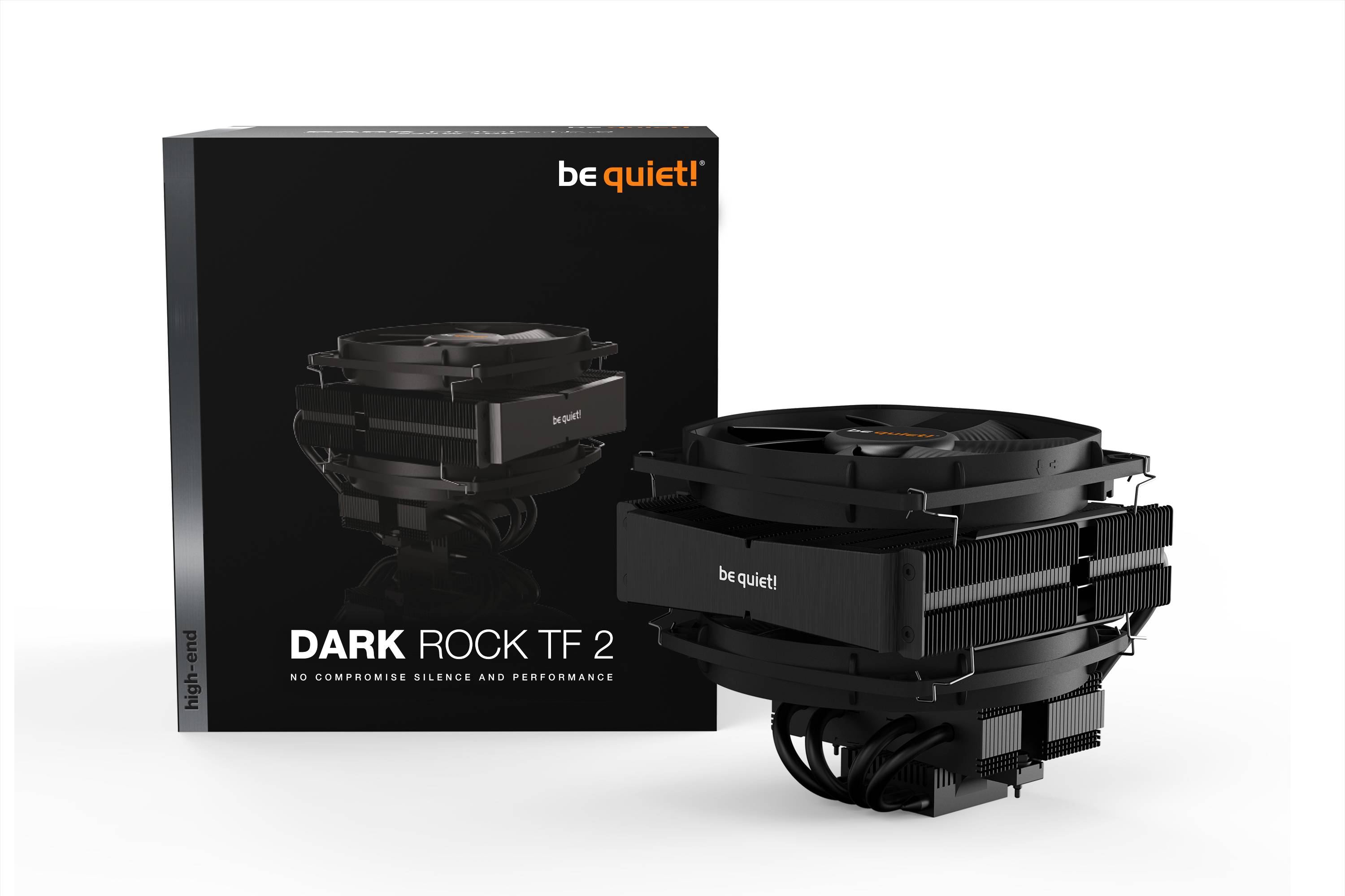 Kühler 'Dark Rock TF 2' von be quiet! gezeigt, mit Verpackung im Hintergrund. Text: 'No Compromise Silence and Performance'.