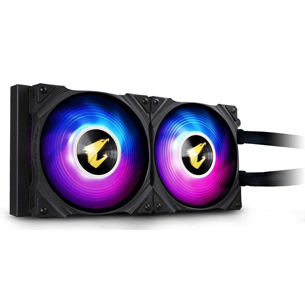 Ein RGB-beleuchteter Computerlüfter mit zwei großen Ventilatoren, die in leuchtenden Farben leuchten und Kabel an der Seite.