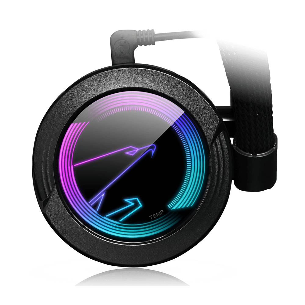 Kühler mit rundem Bildschirm zeigt ein beleuchtetes Logo und Temperaturanzeige. Anschlusskabel oben, schwarzes Design.