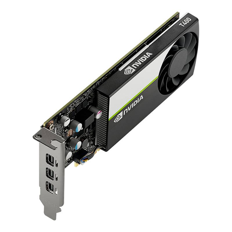 Grafikkarte mit NVIDIA-Logo, Modell T400. Schwarzes Design mit Lüfter und mehreren Anschlussmöglichkeiten für Bildschirme.