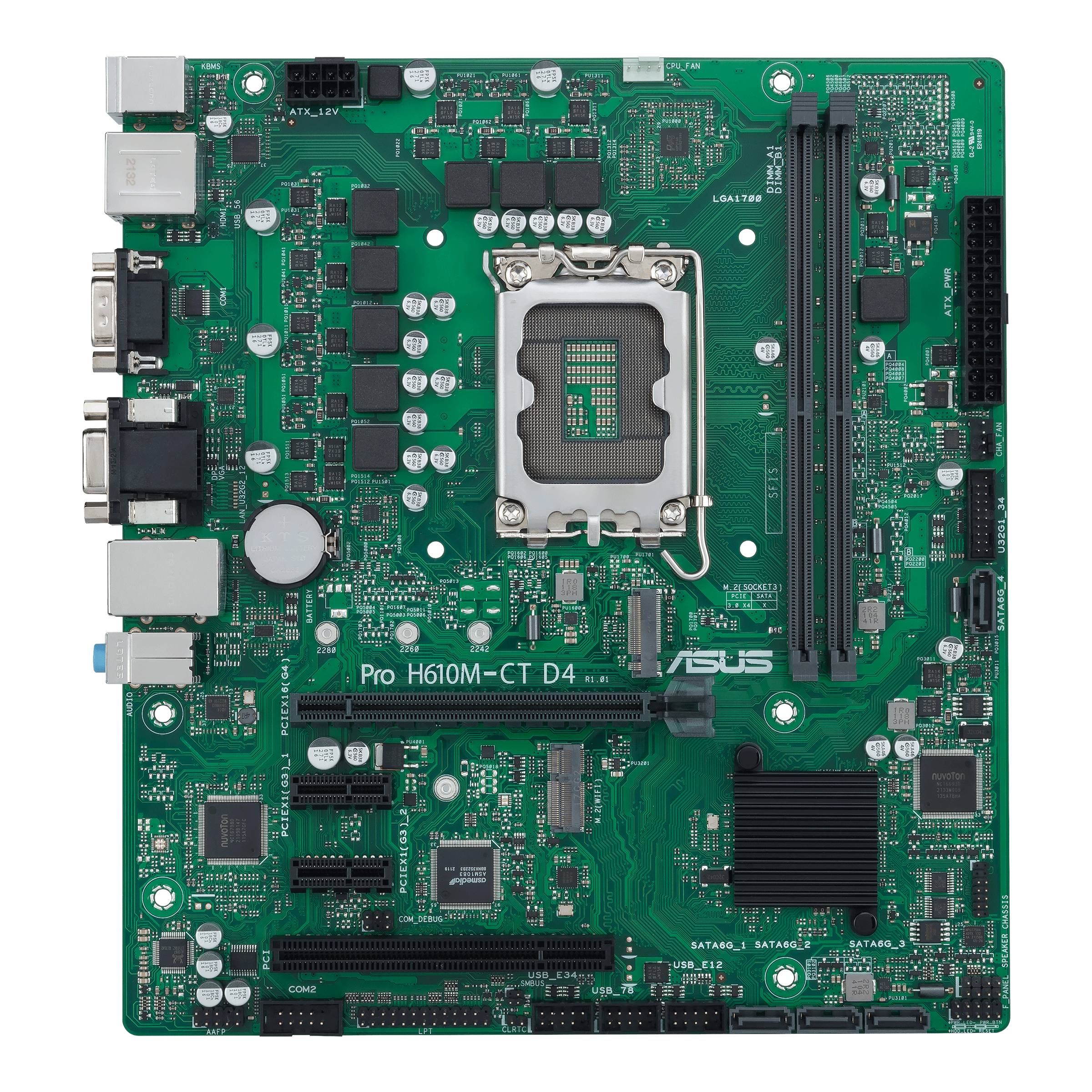 Mainboard mit CPU-Sockel in der Mitte, mehreren Steckplätzen und Anschlüssen für PC-Komponenten; Markenlogo unten rechts.