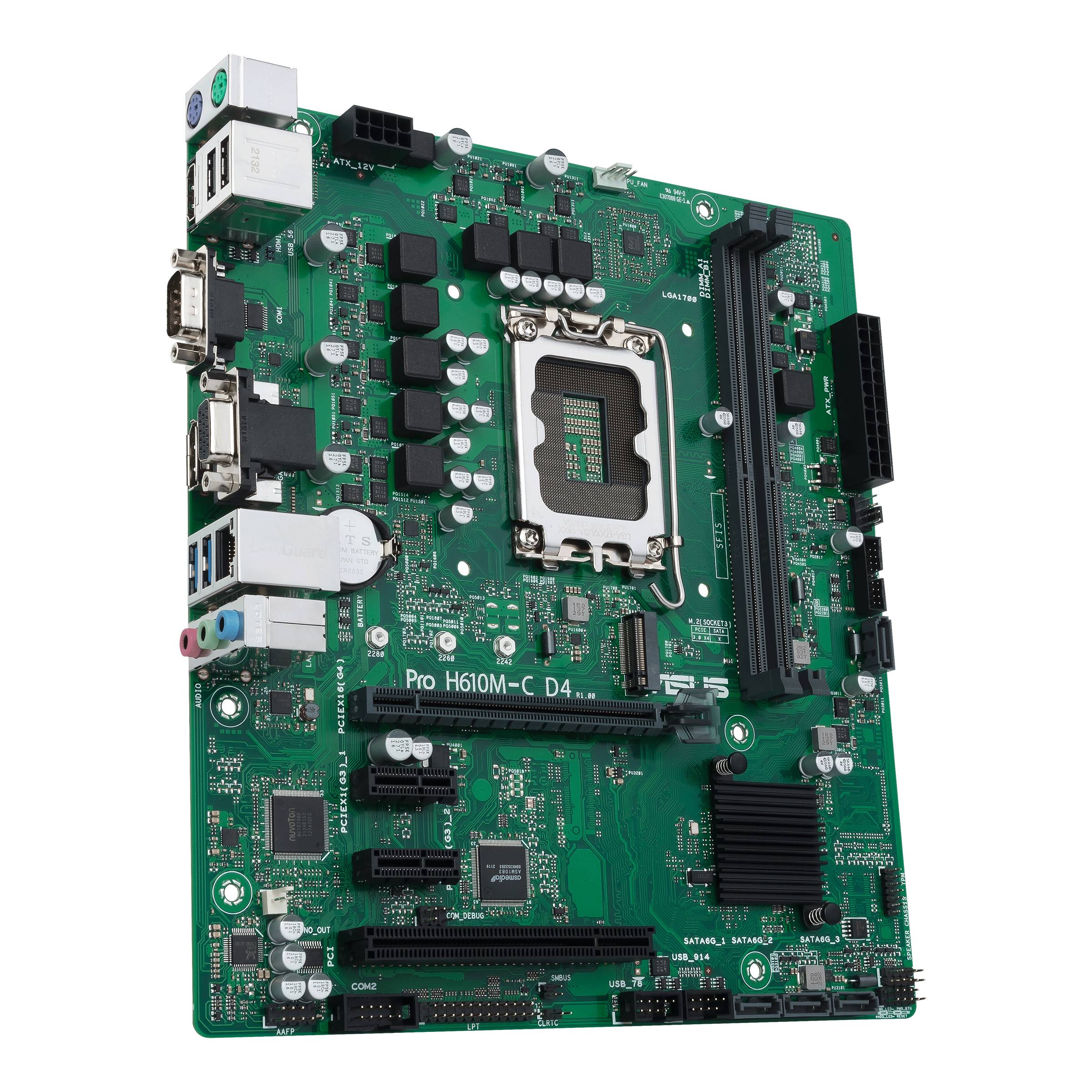 Ein grünes Computer-Mainboard mit zahlreichen Anschlüssen und Chips, das Modell 'Pro H610M-C D4' zeigt.