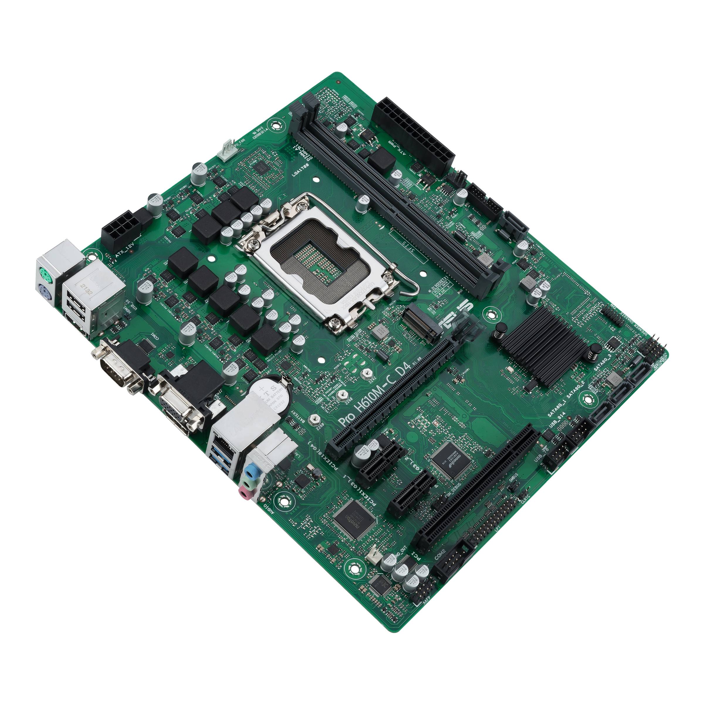 Eine grüne Computer-Motherboard-Platine mit verschiedenen Anschlüssen und Komponenten, einschließlich CPU-Sockel, RAM-Steckplätzen und Anschlüssen für externe Geräte.