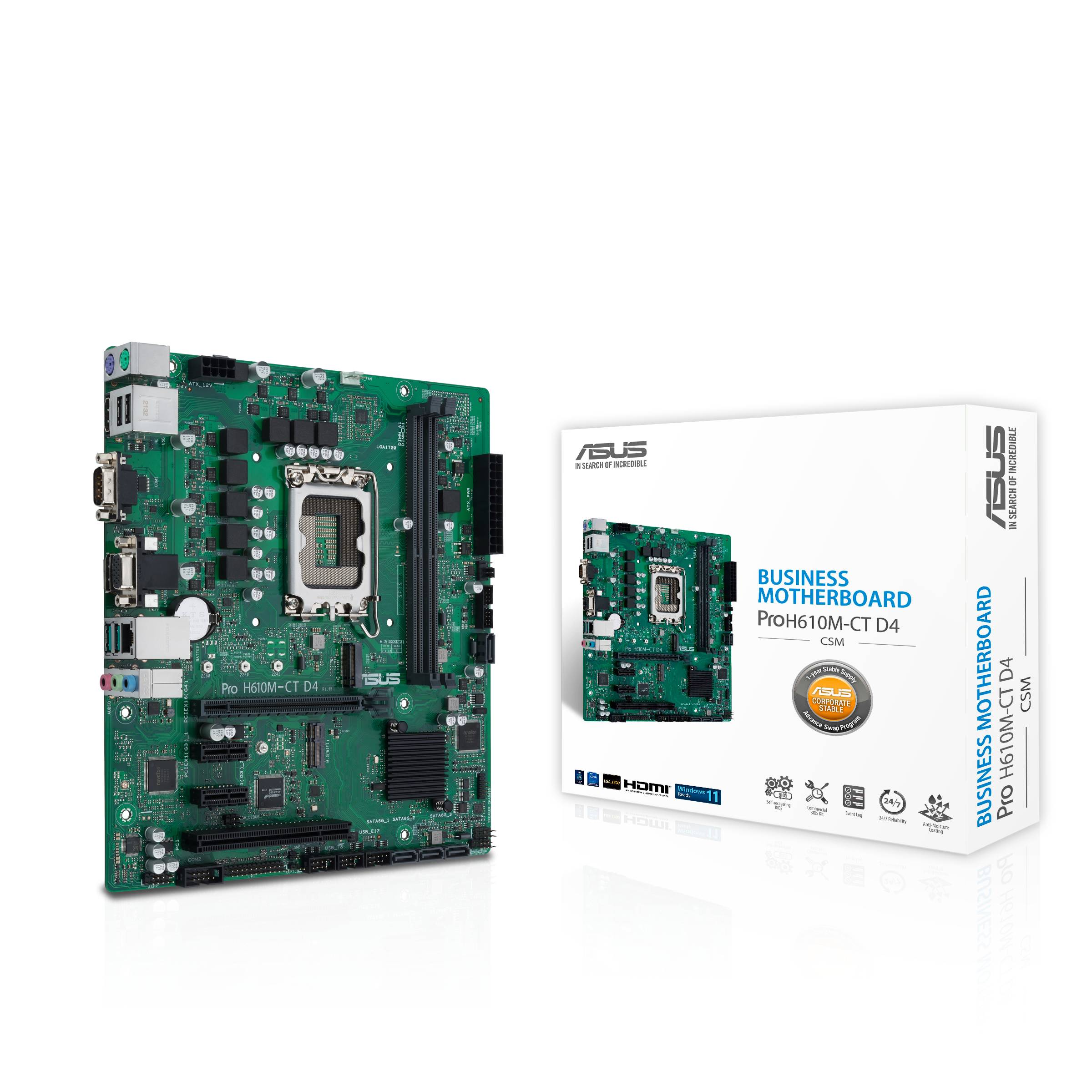 Ein ASUS Business Mainboard Pro H610M-CT D4 ist neben seiner Verpackung abgebildet, die technische Details und Spezifikationen zeigt.