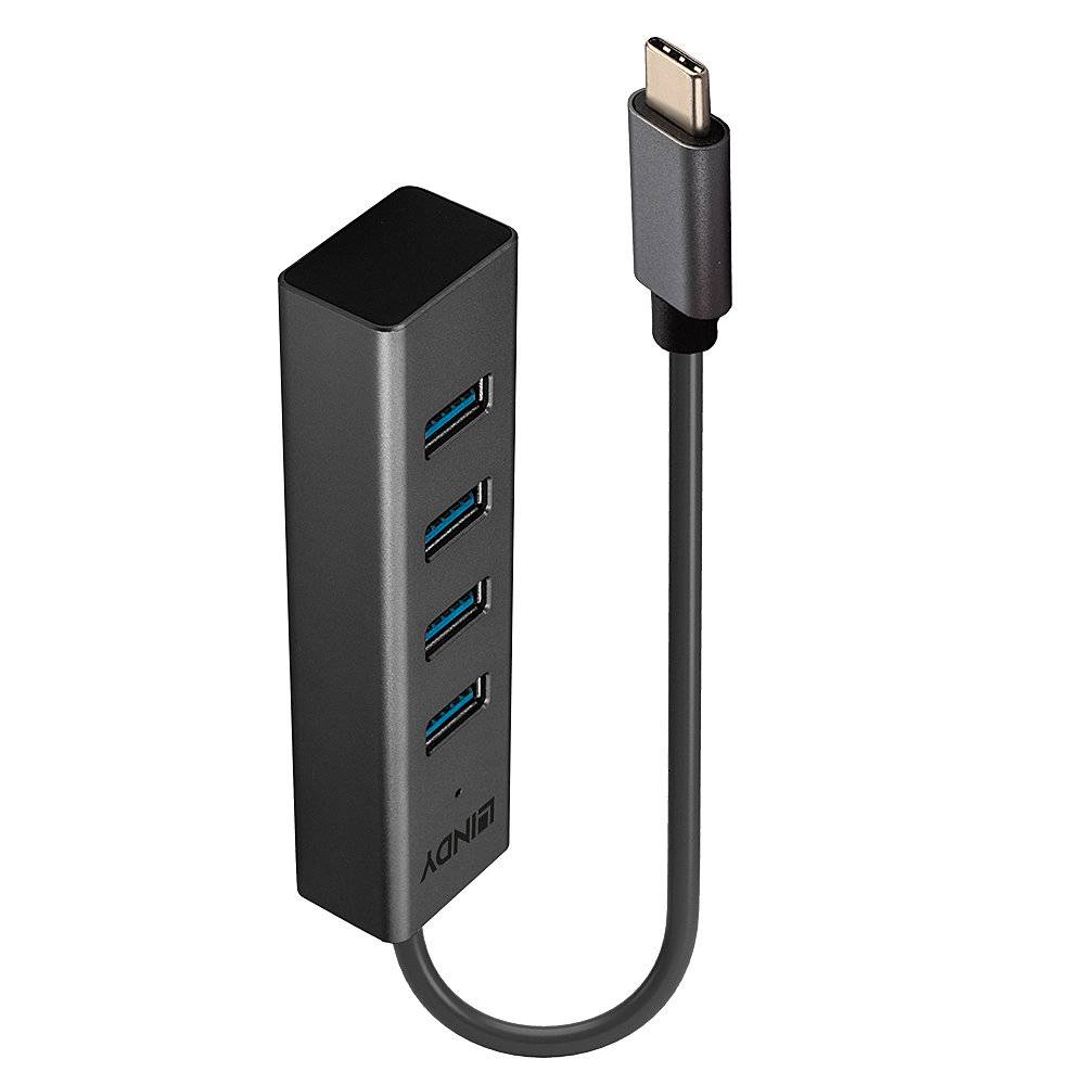 Ein kompakter USB-Hub zeigt vier USB-Anschlüsse und ein USB-C-Kabel. Das Logo 'LINOVO' ist auf dem Gehäuse abgebildet.