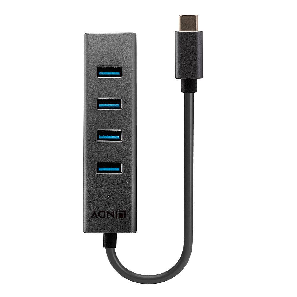 USB-C Hub mit vier USB-Anschlüssen, geeignet für den Anschluss mehrerer Geräte. Kompaktes, schwarzes Design für einfache Nutzung unterwegs.