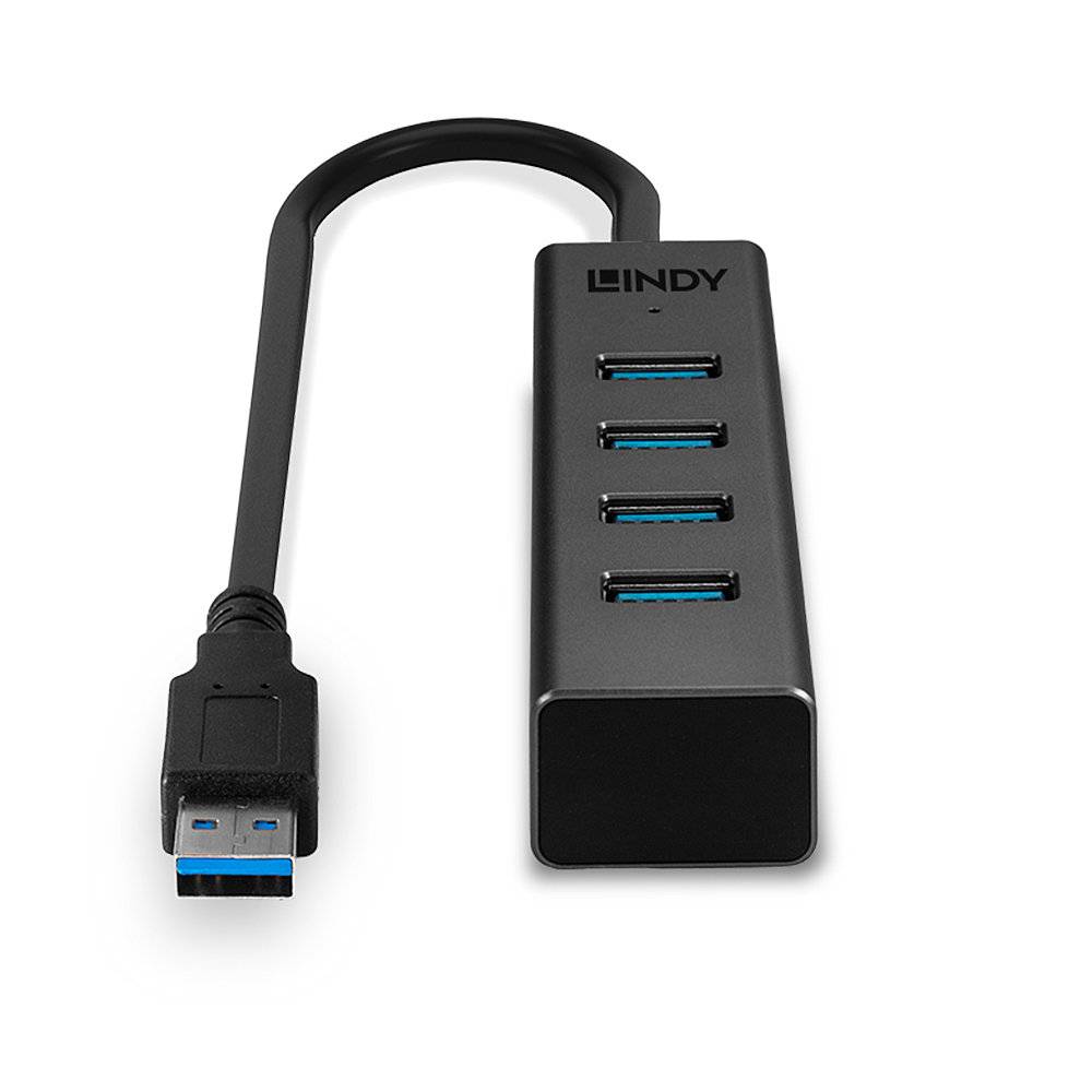 Ein schwarzer USB-Hub mit vier blauen USB-3.0-Anschlüssen und einem USB-Stecker am Kabelende, geeignet zum Erweitern von USB-Anschlüssen.