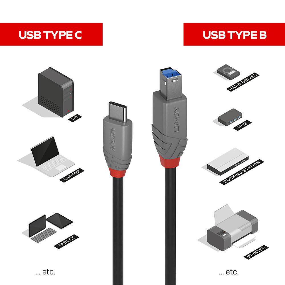Das Bild zeigt zwei USB-Kabeltypen: Typ C (links) und Typ B (rechts). Typ C verbindet Laptops, Tablets etc., Typ B verbindet Hard-Drives, Drucker etc.
