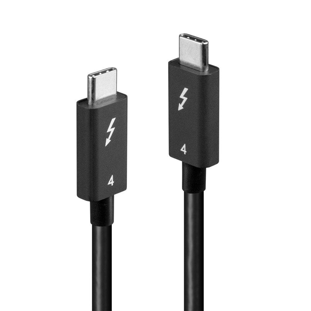 Zwei schwarze Thunderbolt-Kabel mit USB-C-Anschlüssen und einem Blitzsymbol. Jedes Kabel ist mit der Zahl '4' gekennzeichnet.