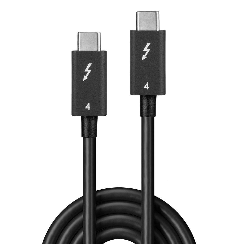Ein schwarzes USB-C-Kabel mit Blitzsymbolen und der Zahl '4' auf beiden Steckern.