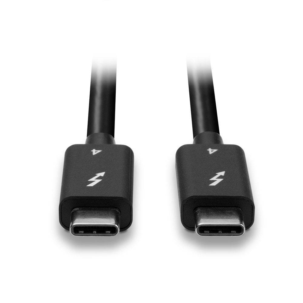 Zwei USB-C-Kabel mit schwarz beschichteten Steckern und einem Blitzsymbol darauf, symbolisieren Hochgeschwindigkeitsdatenübertragung.