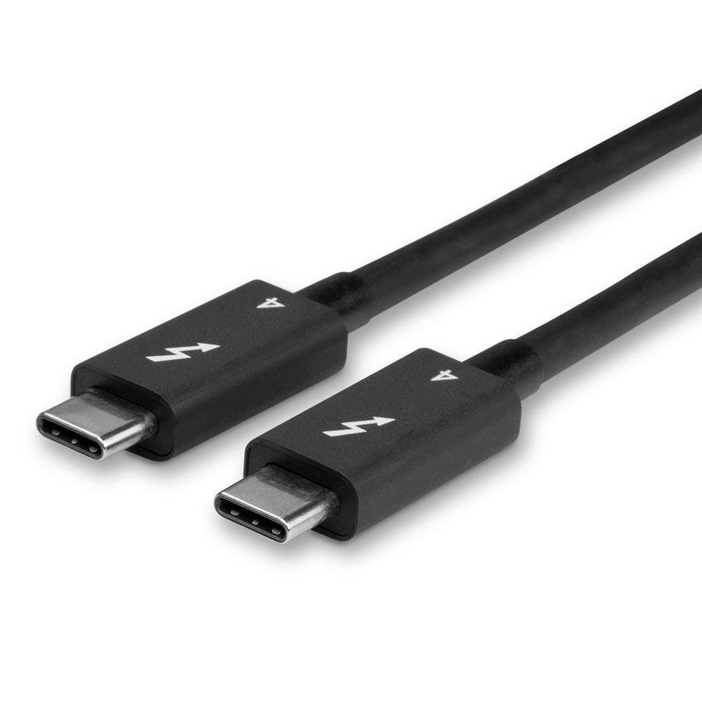 Zwei schwarze USB-C-Kabel mit Thunderbolt-Symbolen liegen nebeneinander. Beide zeigen die gleiche Steckerart.