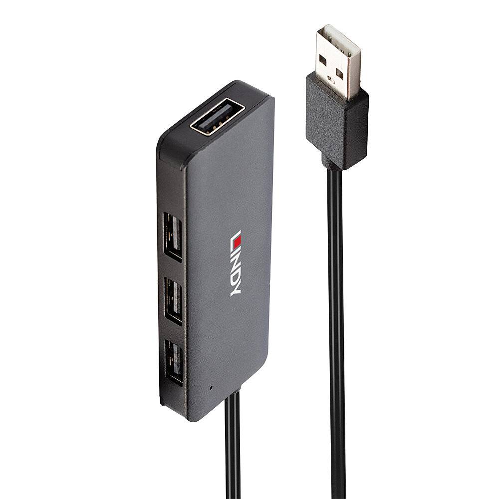 USB-Verteiler mit vier Ports, vertikal aufgestellt. Drei Ports an der Seite, ein Port oben. Schwarzes Kabel mit USB-Stecker.