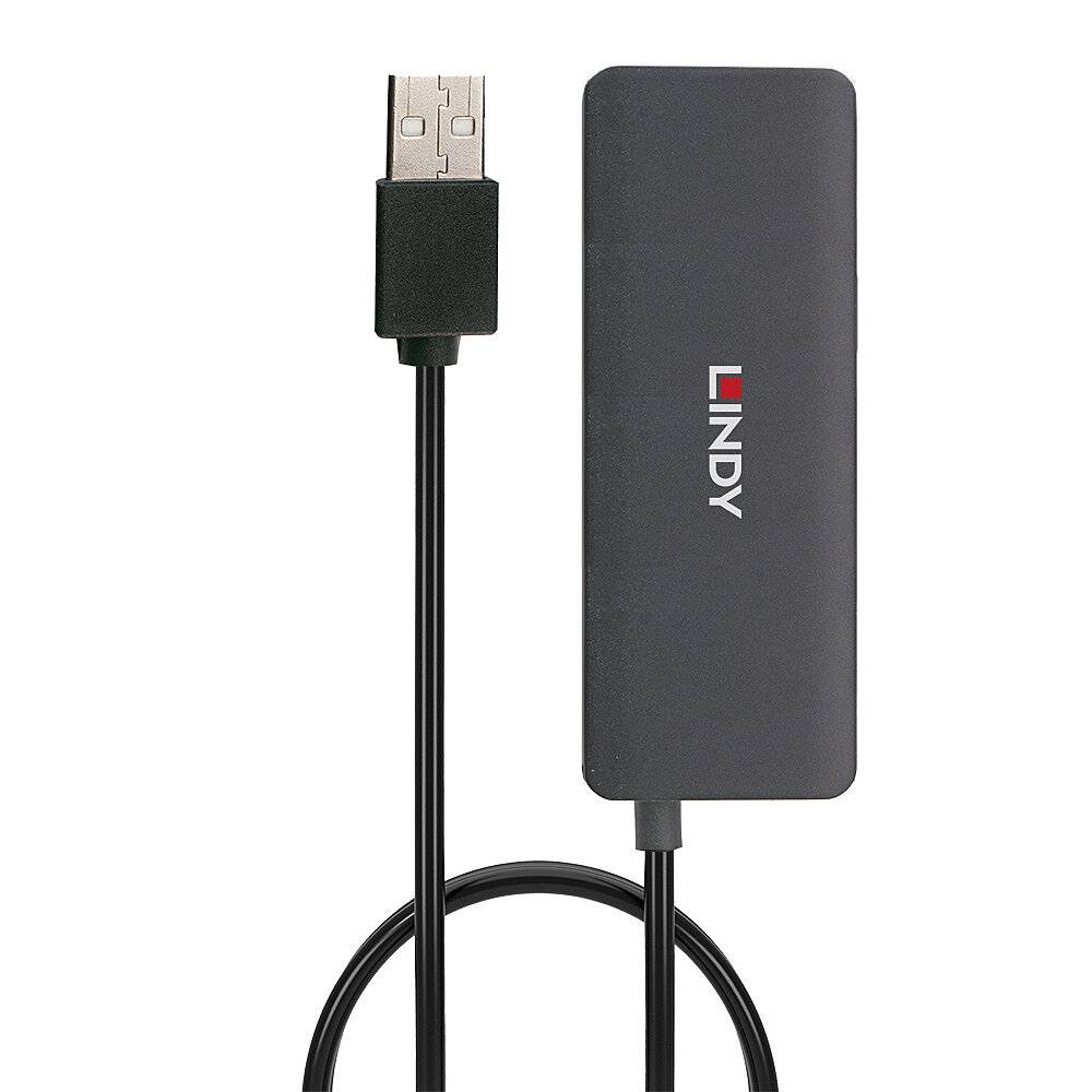 USB 3.0 auf Gigabit Ethernet Adapter, schwarze Farbe, vertikal ausgerichtet, mit Kabel verbunden, Marke 'Lindy' sichtbar.