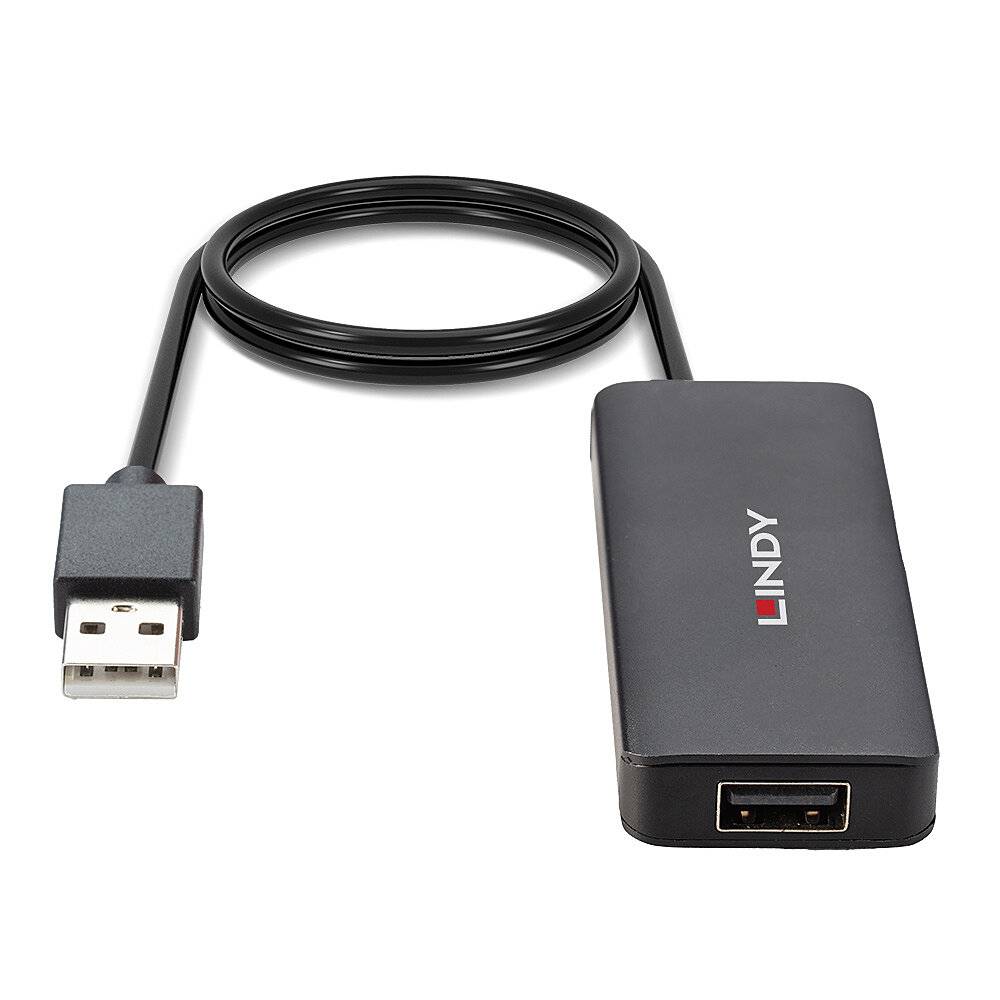 USB-zu-HDMI-Adapter mit schwarzem Kabel und rechteckigem Gehäuse, auf dem 'LINDY' steht. Geeignet zum Verbinden von Geräten mit HDMI-Port.