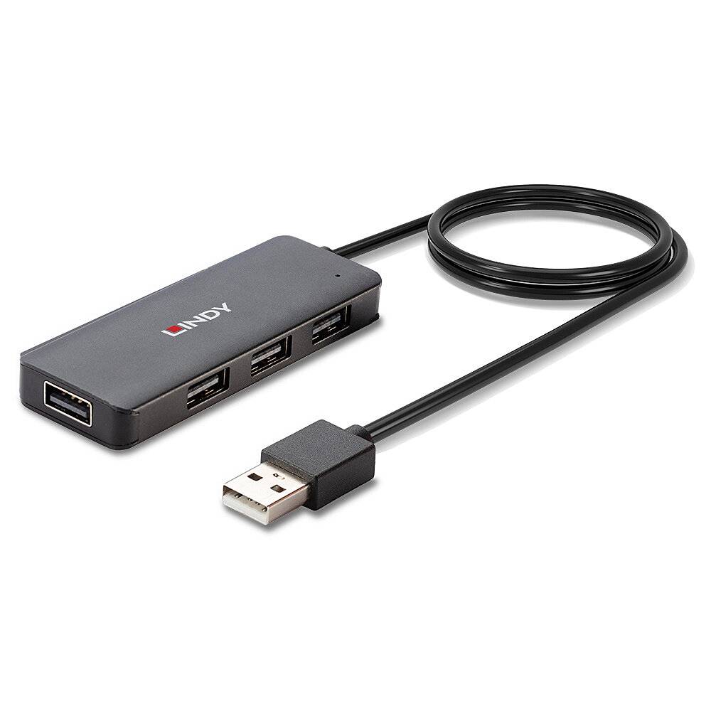 Ein schwarzer USB-Hub mit vier Anschlüssen, verbunden über ein Kabel mit einem USB-Stecker.