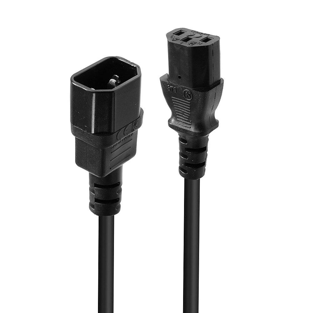 Ein schwarzes Netzkabel mit zwei Steckverbinderenden: links ein männlicher C14-Stecker, rechts ein weiblicher C13-Stecker.