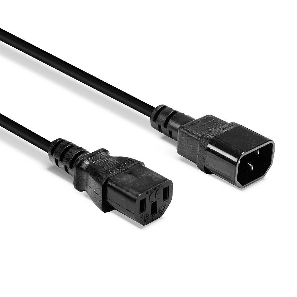 Ein schwarzes Netzkabel mit einem C14-Stecker und einer C13-Buchse auf einem weißen Hintergrund.