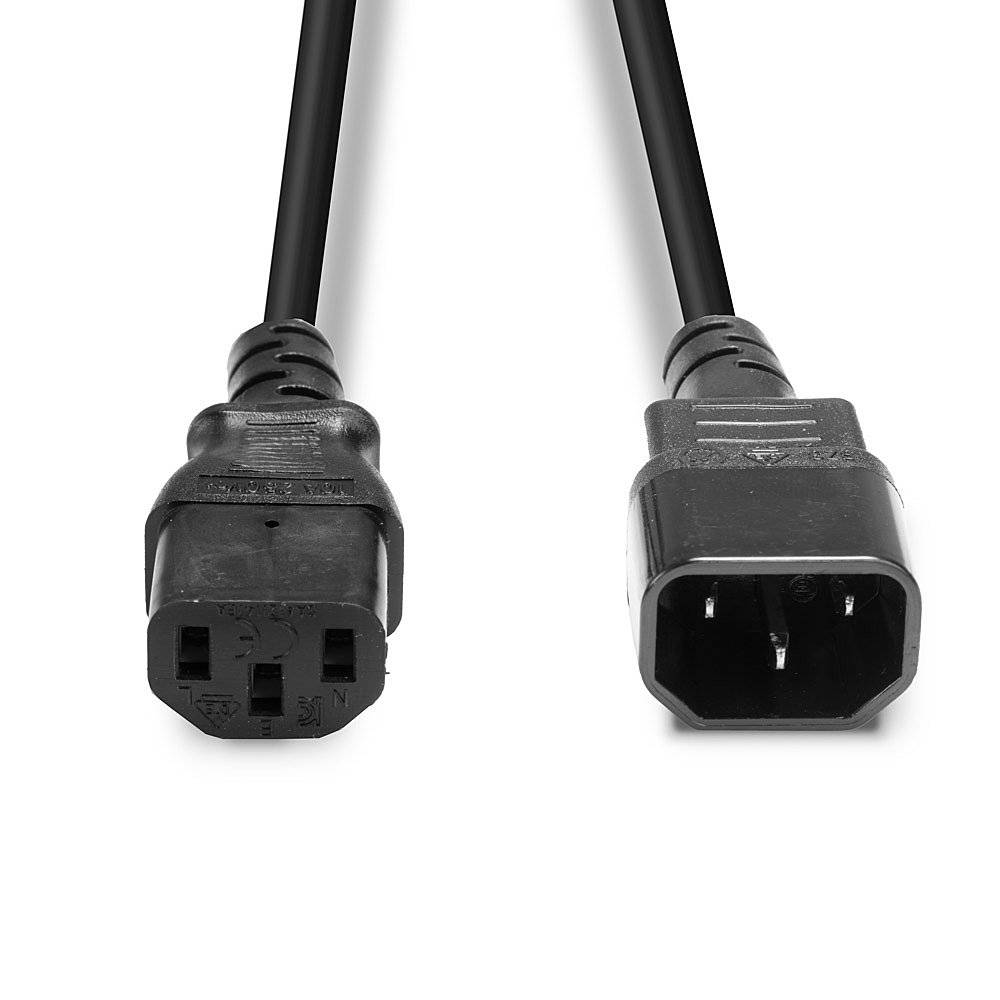 Ein schwarzes Netzkabel mit einem männlichen und einem weiblichen Stecker, die zur Verbindung von elektrischen Geräten dienen.