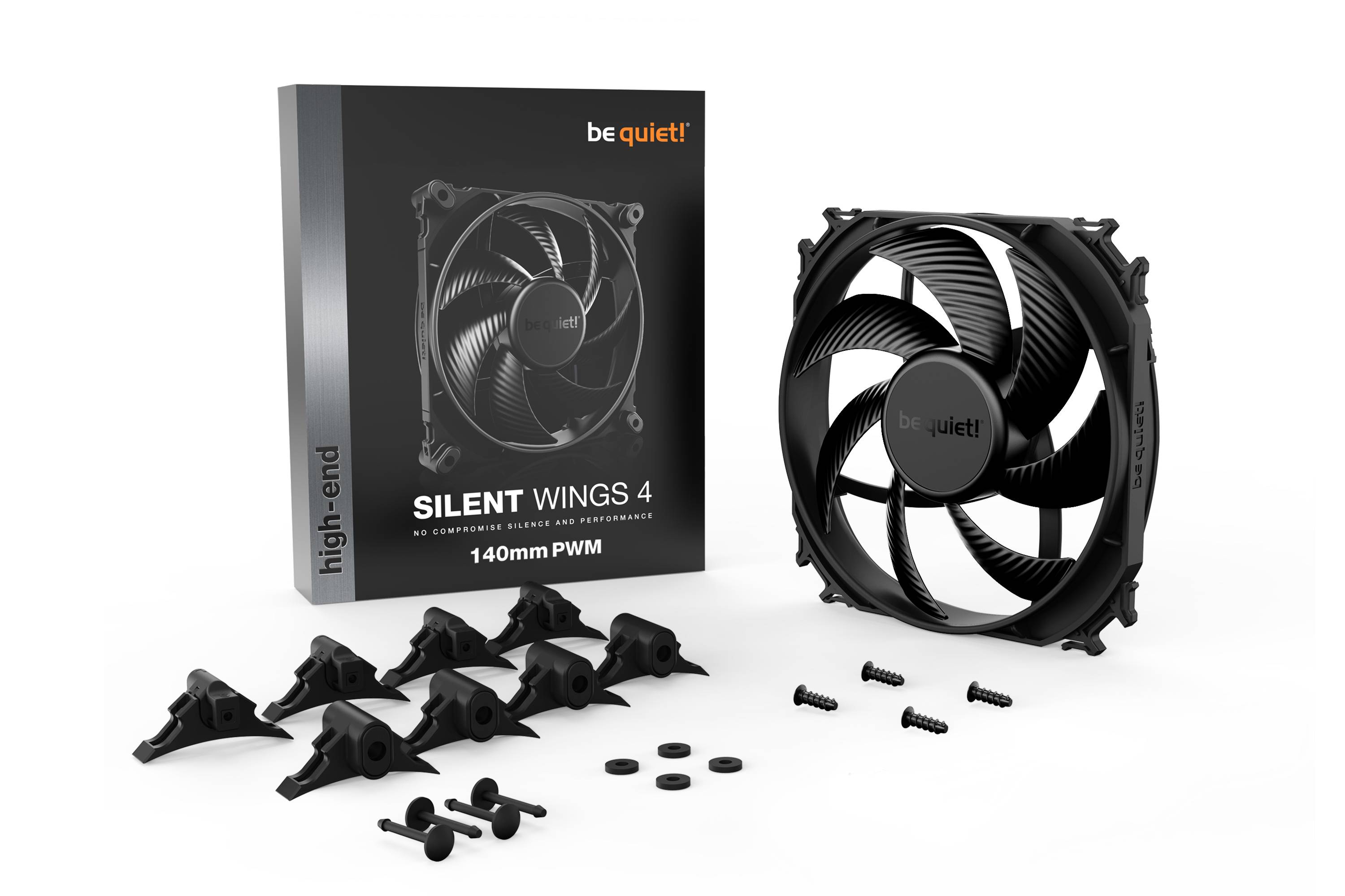 PC-Lüfter-Set 'Silent Wings 4' der Marke be quiet! Enthält einen 140mm PWM-Lüfter, Montagezubehör und Verpackung.