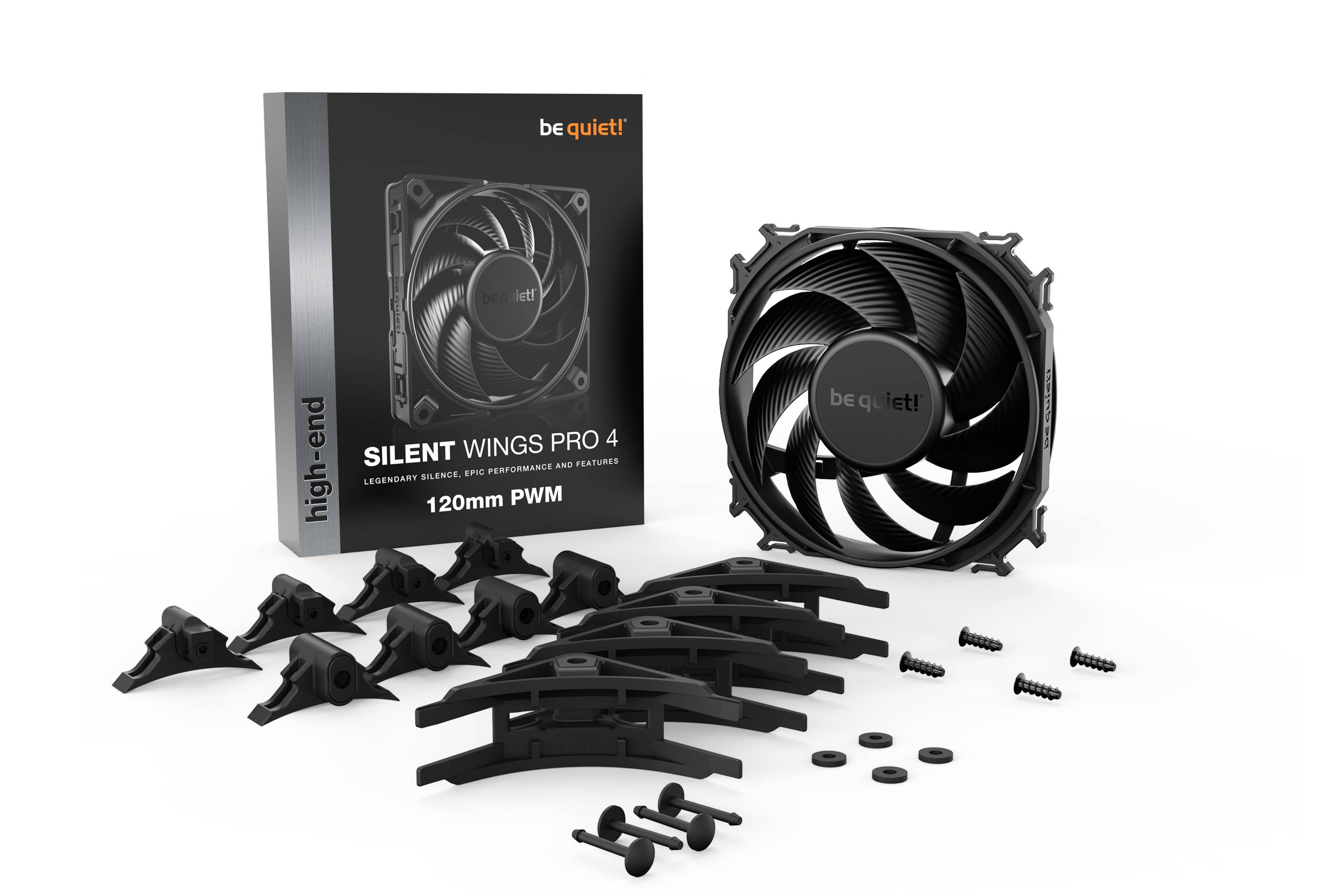 Ein Computerlüftermodell 'Silent Wings Pro 4' von be quiet!, zusammen mit Zubehör und Verpackung für professionelle Kühlung.