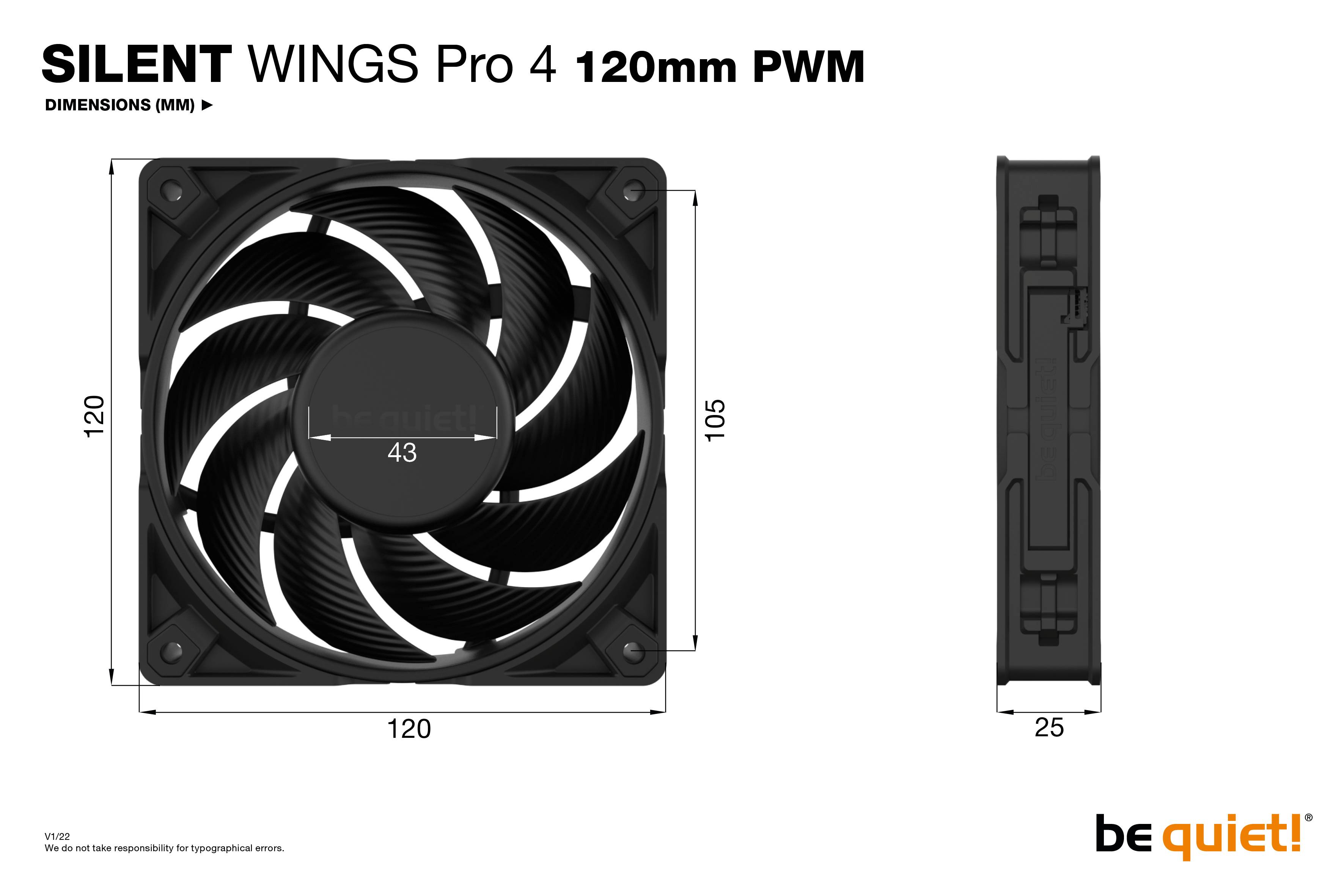 'Be quiet! Silent Wings Pro 4 120mm PWM Lüfter' zeigt zwei Ansichten: Front und Seite. Maße: 120x120x25 mm. Schwarzer Lüfter mit 9 Flügeln.