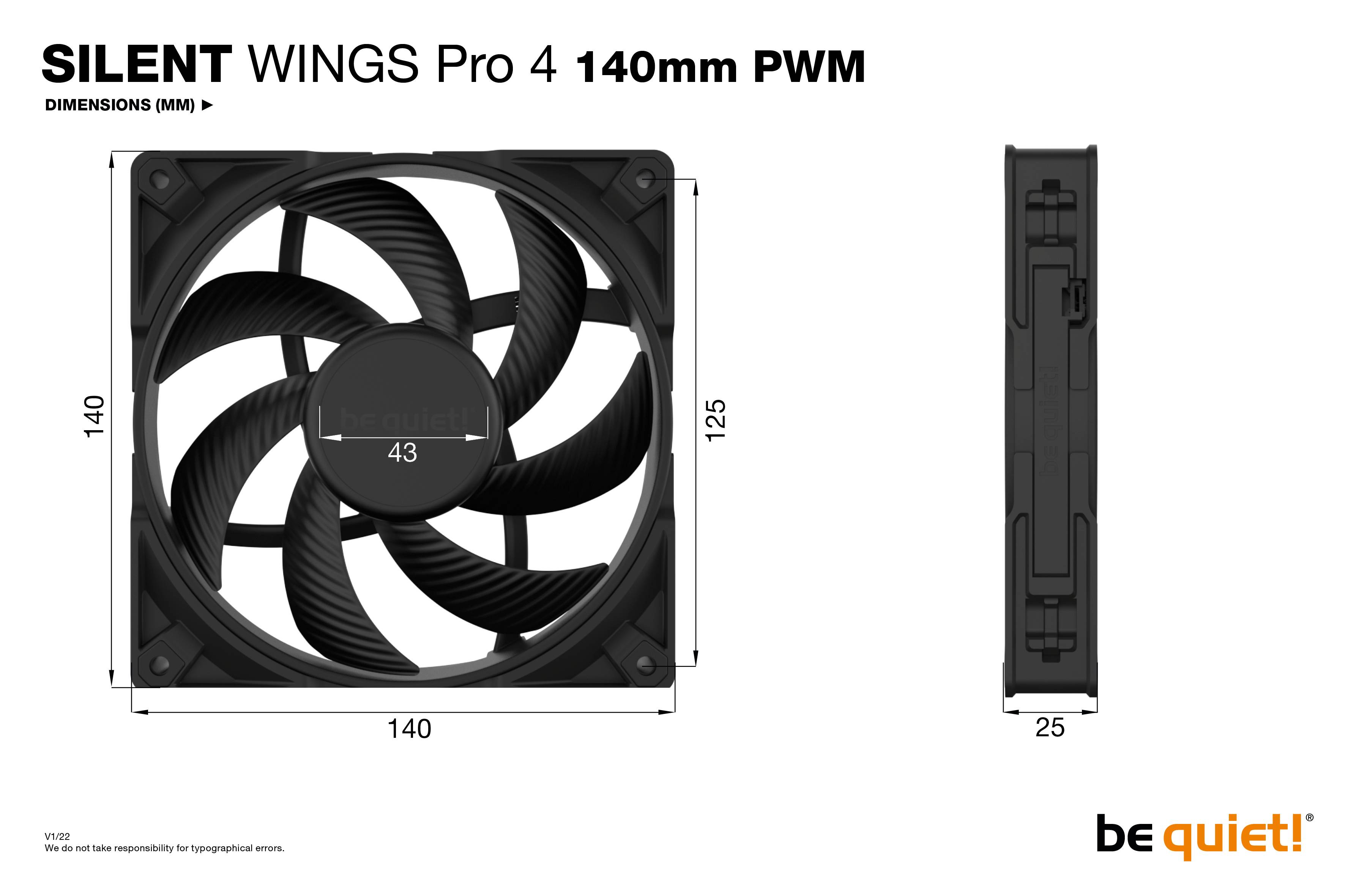 'Be quiet! Silent Wings Pro 4 140mm PWM Lüfter' und zeigt die Lüfterabmessungen: 140mm Breite, 140mm Höhe, 25mm Tiefe.