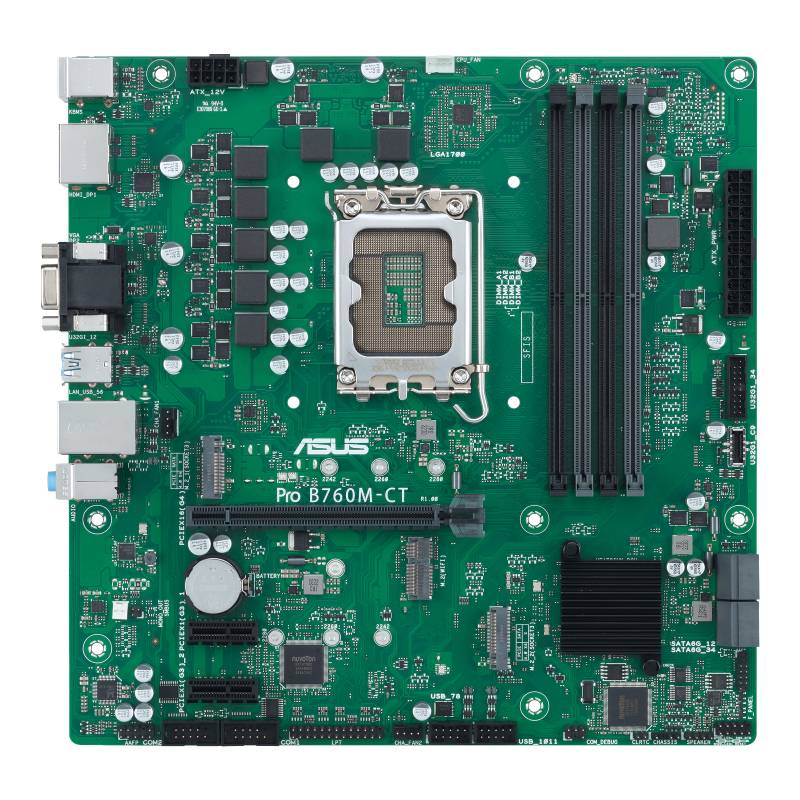 Eine grüne Hauptplatine mit mehreren Steckplätzen und Anschlüssen, zentraler CPU-Sockel, vier RAM-Steckplätze und verschiedene Chips.