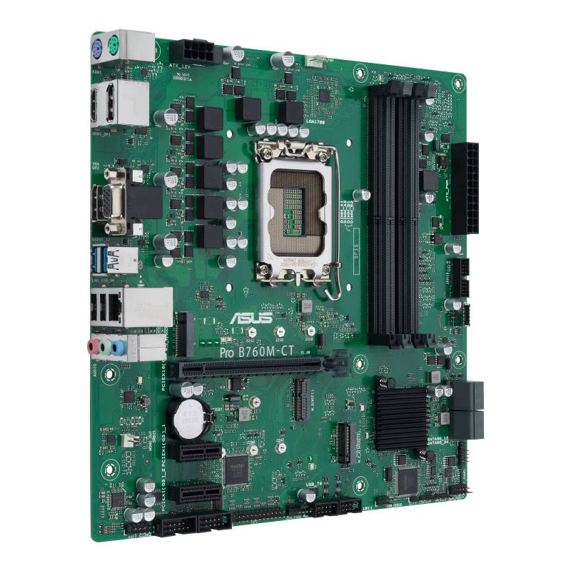 Ein grünes Computer-Mainboard mit verschiedenen Anschlüssen und elektronischen Komponenten, Modell 'ASUS Pro B760M-CT'.
