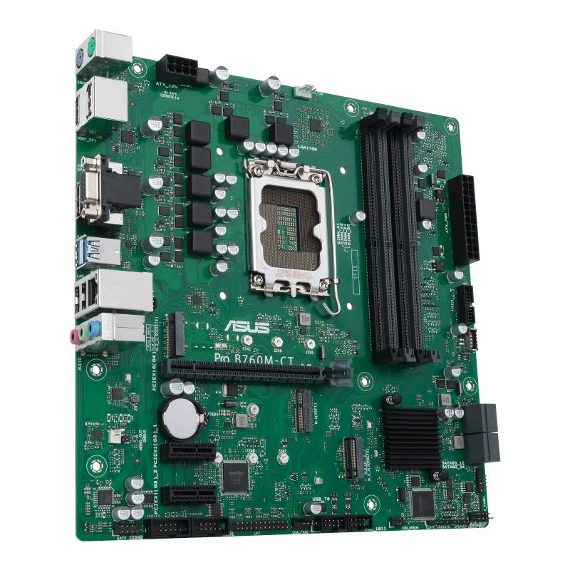 Eine grüne Hauptplatine mit mehreren Anschlüssen und Steckplätzen, geeignet für Computeraufbau oder Reparatur.
