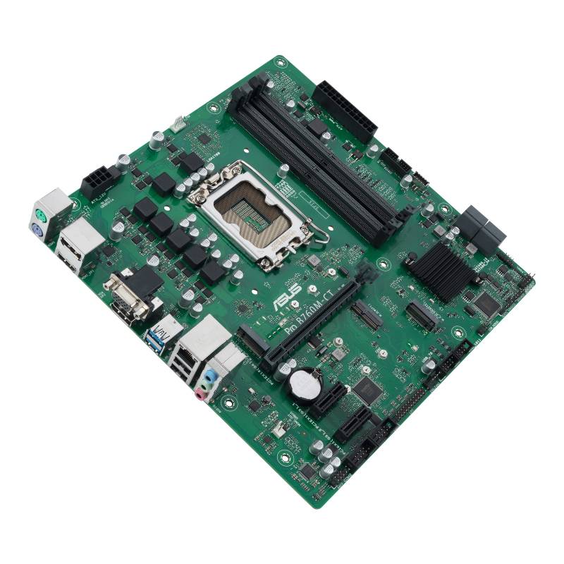 Eine grüne Computer-Mainboard-Platine mit verschiedenen elektronischen Komponenten und Anschlüssen, einschließlich CPU-Sockel und Speichermodulen.