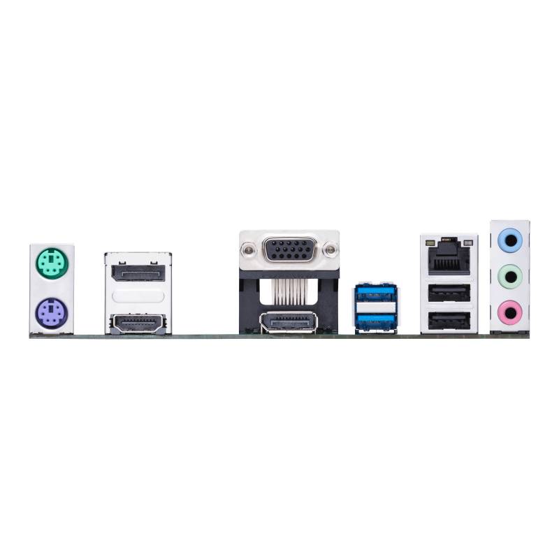 Rückseite eines Computer-Motherboards mit verschiedenen Ports: zwei PS/2, HDMI, VGA, USB, Ethernet und Audioanschlüsse.
