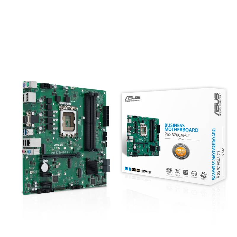 Motherboard und Verpackung der ASUS Pro B760M-CT Serie, mit Beschreibung: 'Business Motherboard' und Unterstützung für Intel Core.