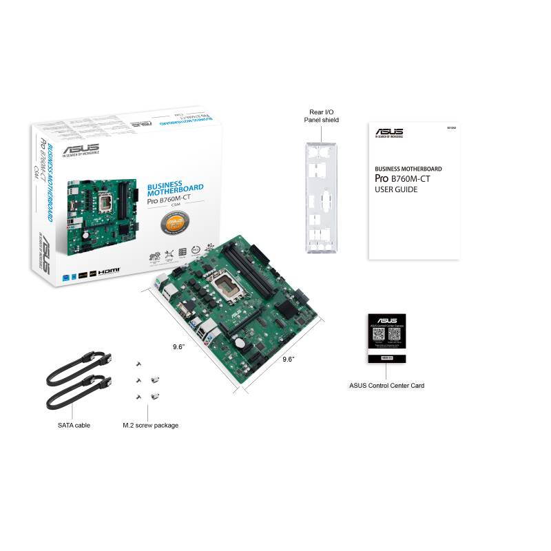 Abbildung eines Asus Business Motherboard P10 B760M-CT: Mainboard, Benutzerhandbuch, I/O-Panel, SATA-Kabel. Kompatibel mit Intel-Prozessor.