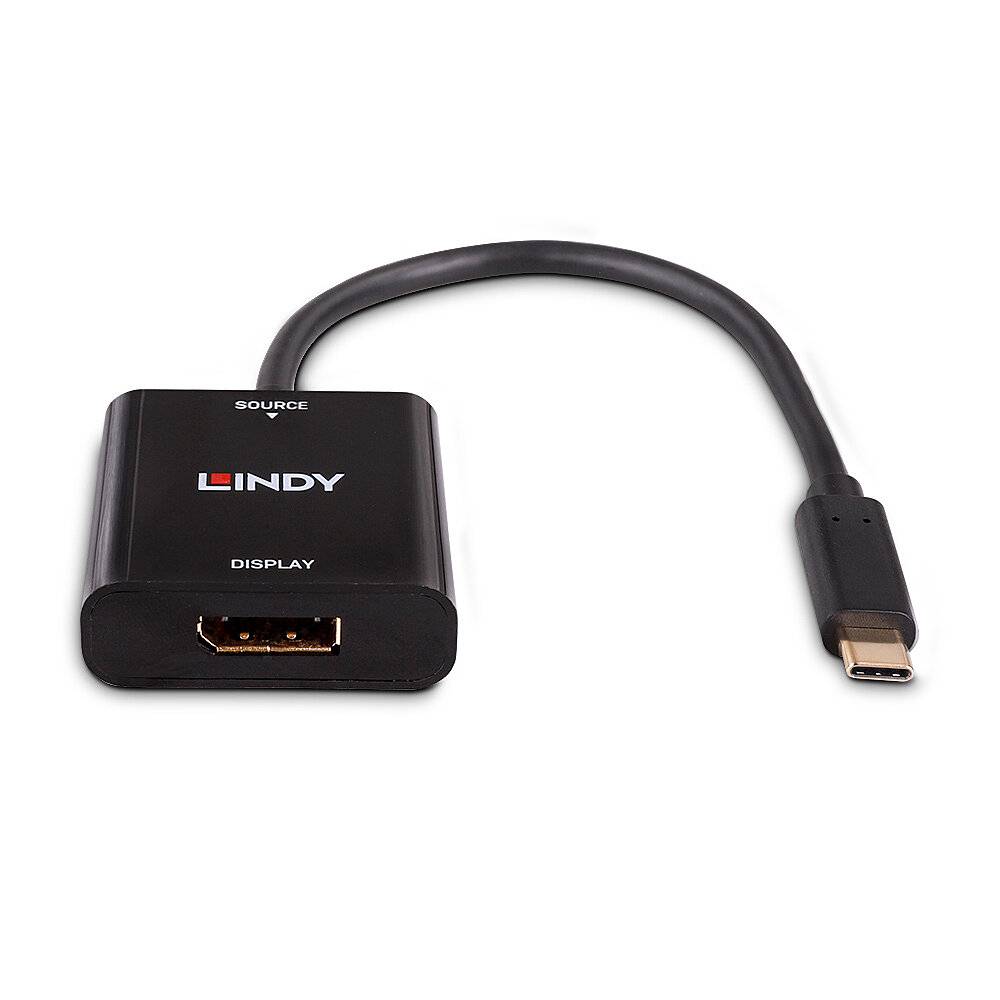 Adapter mit USB-C-Stecker und HDMI-Buchse. Schwarzes Gehäuse mit Aufschriften 'Source' über 'LINDY' auf der Oberseite, 'Display' unten.
