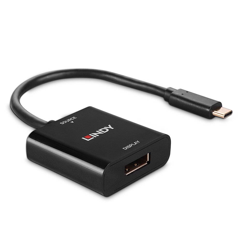 Adapter mit USB-C-Stecker und DisplayPort-Buchse, schwarz. Zum Anschluss eines Displays an ein Gerät mit USB-C-Anschluss.