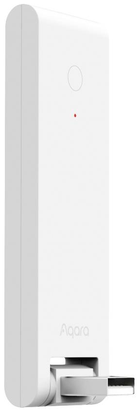 Ein schmales, weißes, rechteckiges elektronisches Gerät mit einem Knopf und einem kleinen roten Licht oben. Markenname 'Aqara' sichtbar.