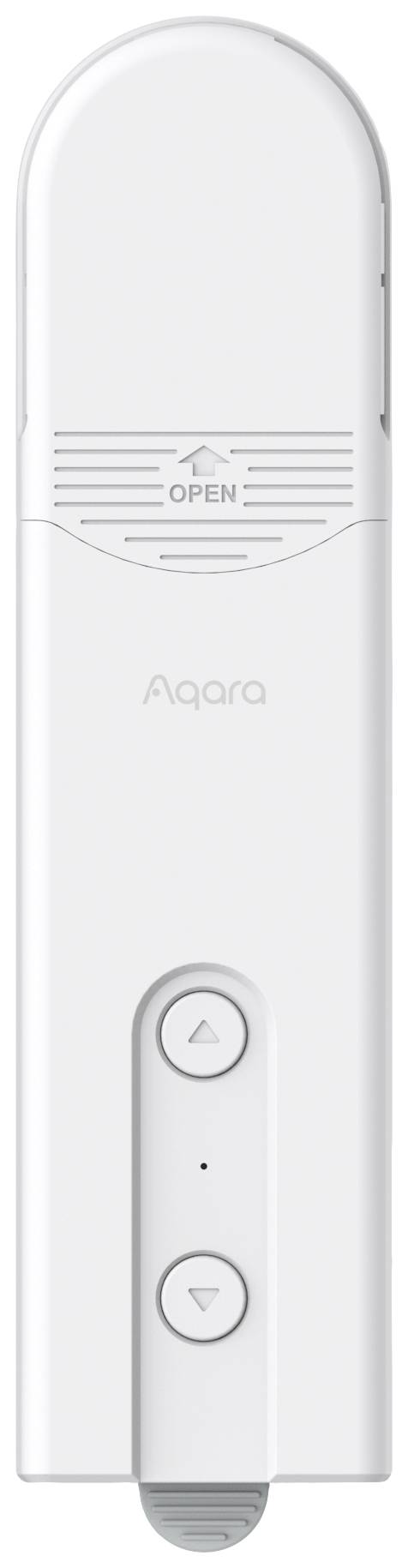 Ein weißer, länglicher Gerät mit zwei Knöpfen auf der Vorderseite und dem Schriftzug 'Aqara'.