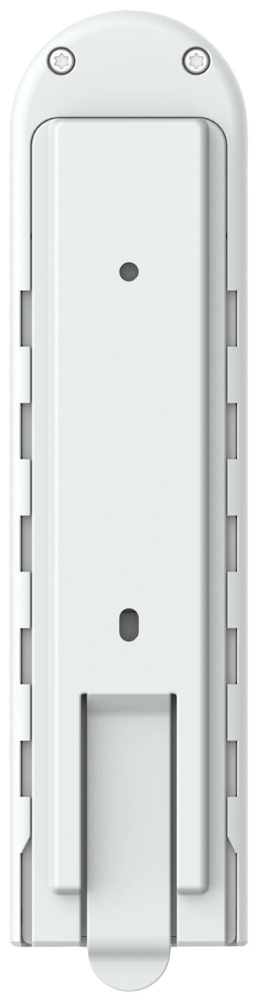 Ein weißes elektrisches Gerät mit rechteckiger Form und abgerundeten Ecken, möglicherweise ein Router oder Modem, von oben betrachtet.