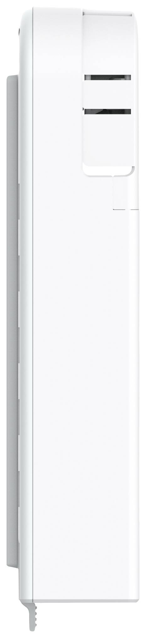 Ein weißes, vertikales Gerät mit Lüftungsschlitzen auf der rechten Seite und einer glatten, minimalistischen Oberfläche.