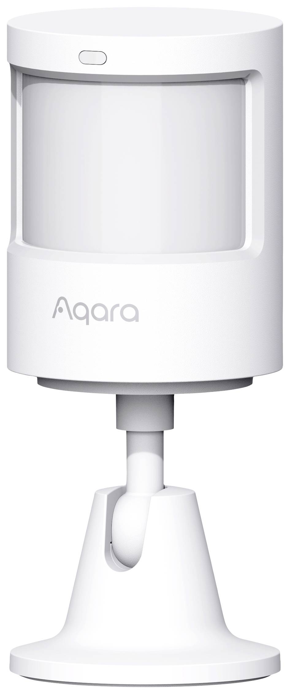 Ein weißer Bewegungssensor auf einem verstellbaren Sockel, markiert mit 'Aqara'. Ideal für die Hausautomatisierung und Sicherheitsüberwachung.