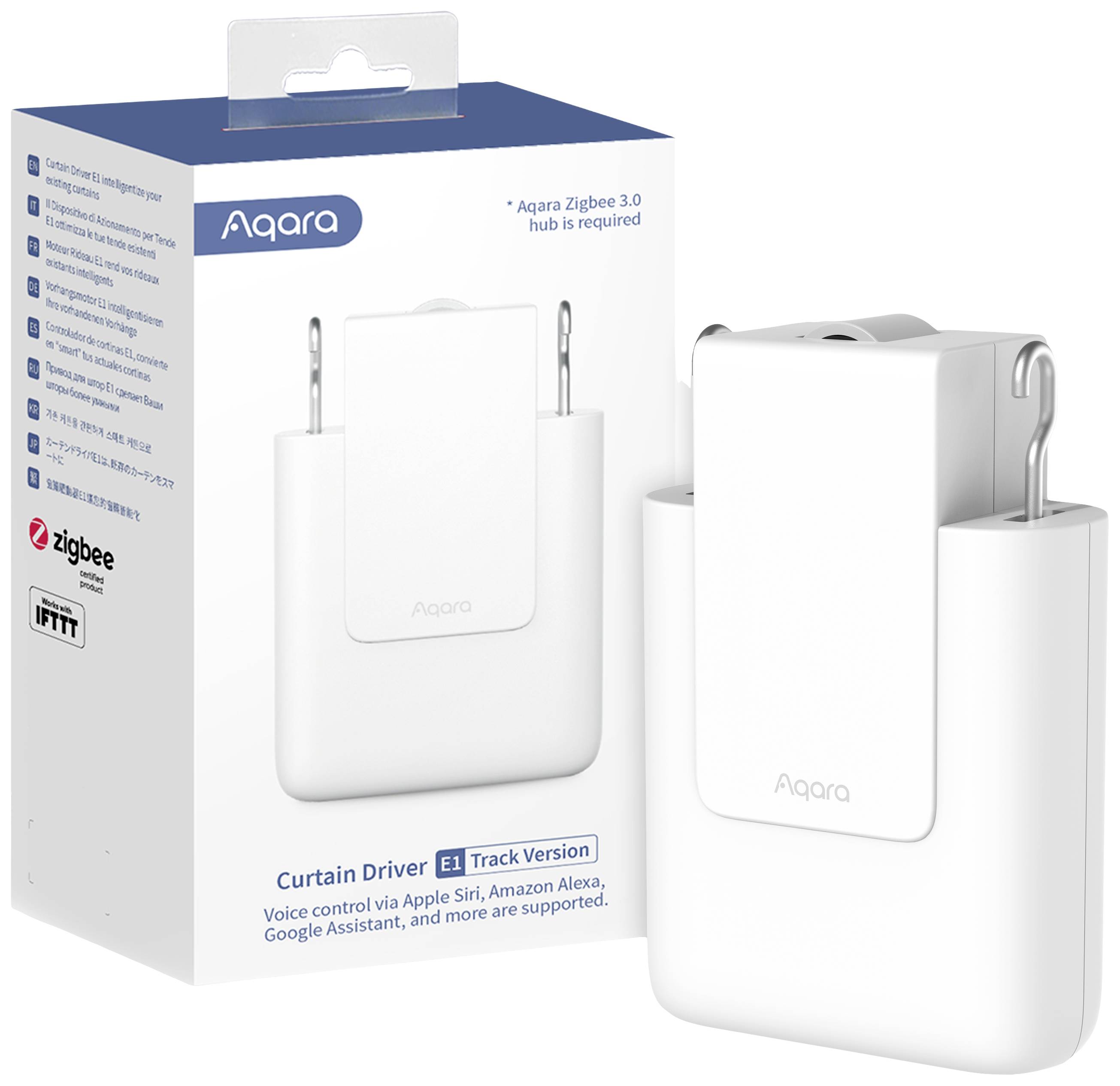 Verpackung eines Aqara Curtain Driver E1, kompatibel mit Zigbee 3.0. Unterstützt Sprachsteuerung, Apple Siri, Amazon Alexa, Google Assistant.