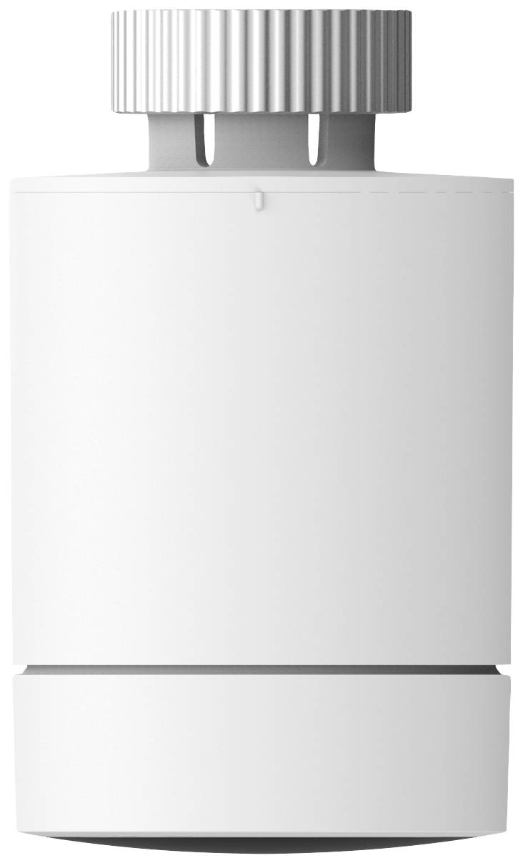 Weißer, zylindrischer Thermostatkopf mit geriffeltem Einstellrad, darauf eine Anzeige zur Temperatursteuerung für Heizkörperventile.