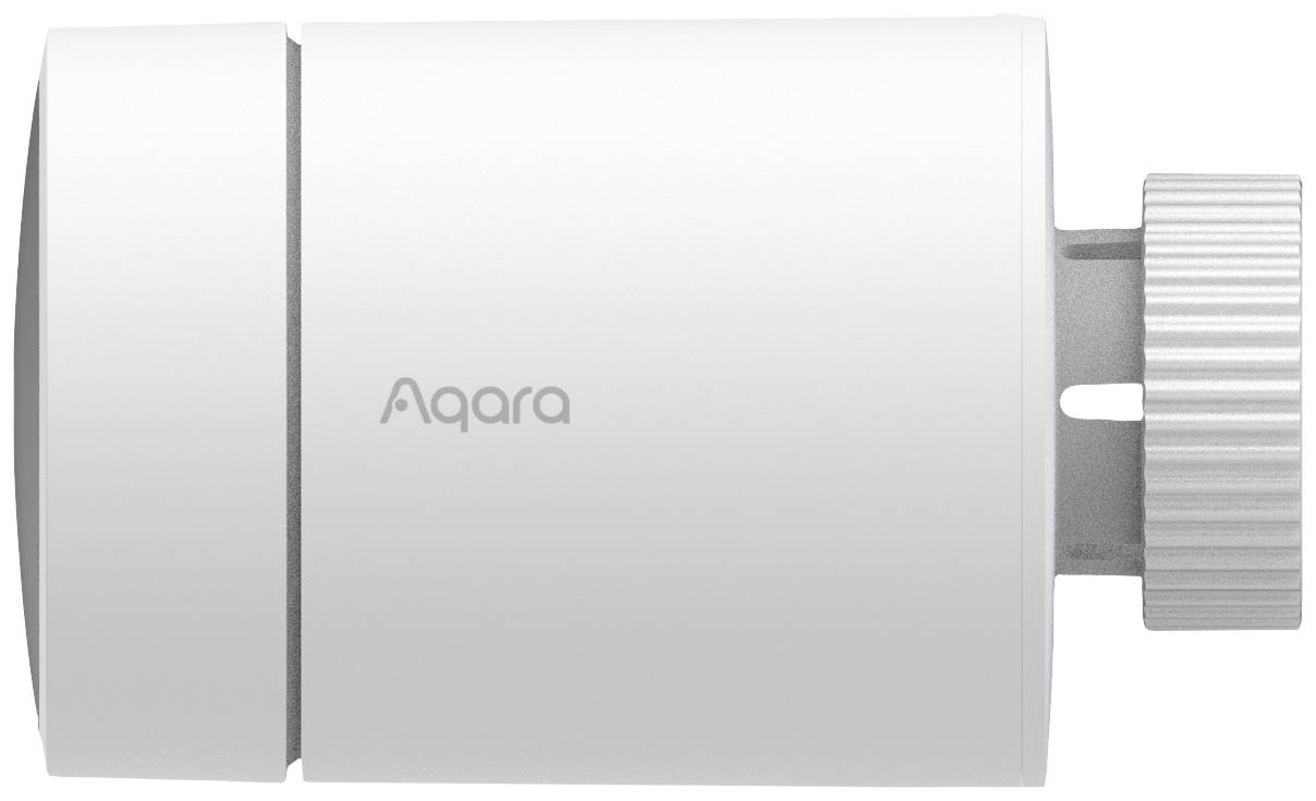 Weißer Aqara Heizkörperthermostat, zylindrische Form, mit seitlichem Rädchen zur Temperaturregulierung.